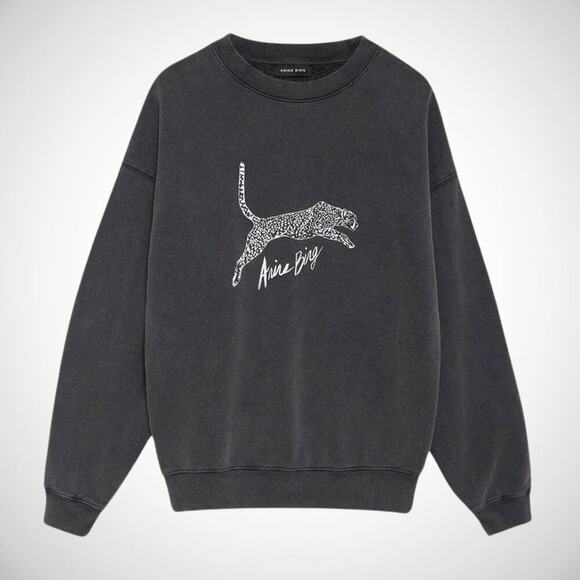 ANINE BING Spencer Sweatshirt Spotted Leopard Washed Black Women’s Size Small - Picture 1 of 9